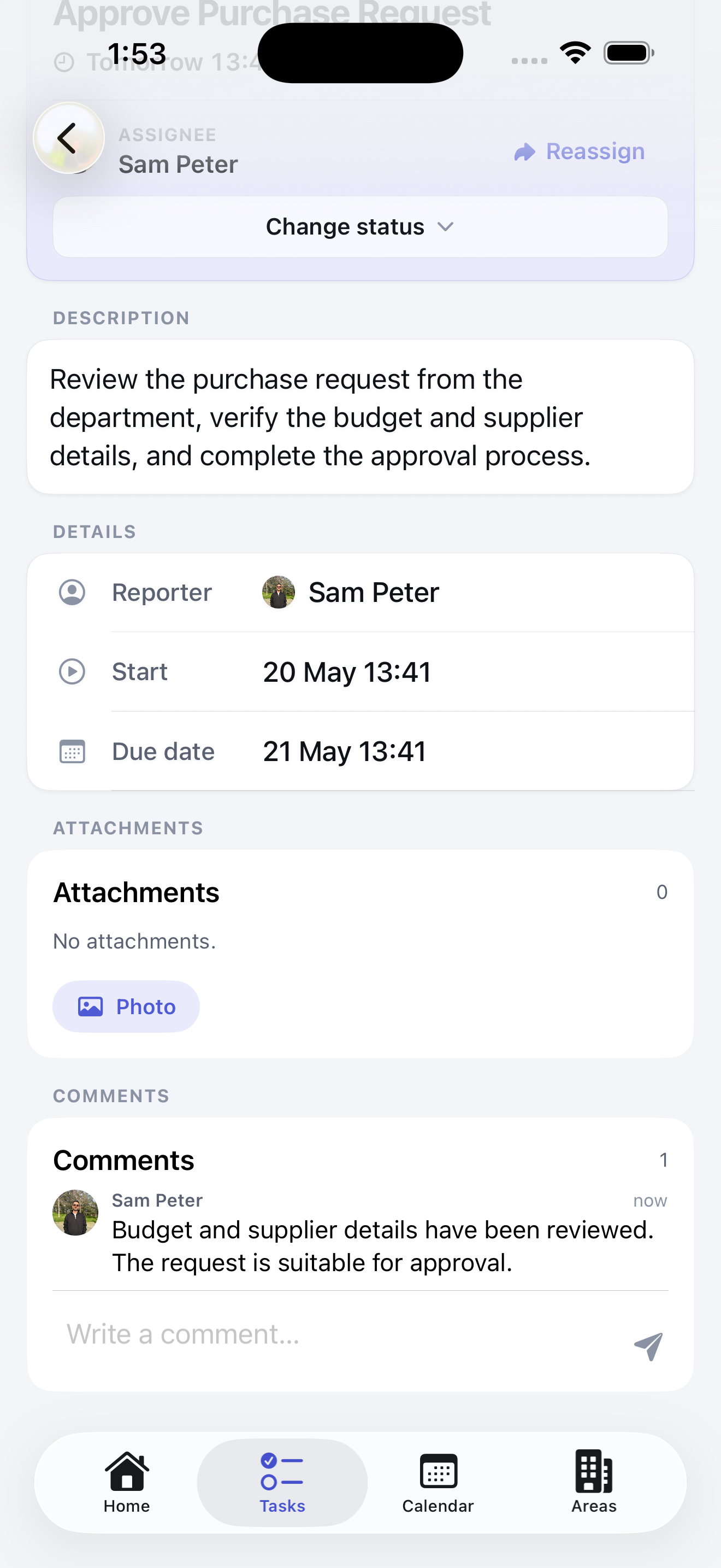 ComFlow task detail screen with assignee, description, dates, attachments, comments, and reassignment controls.