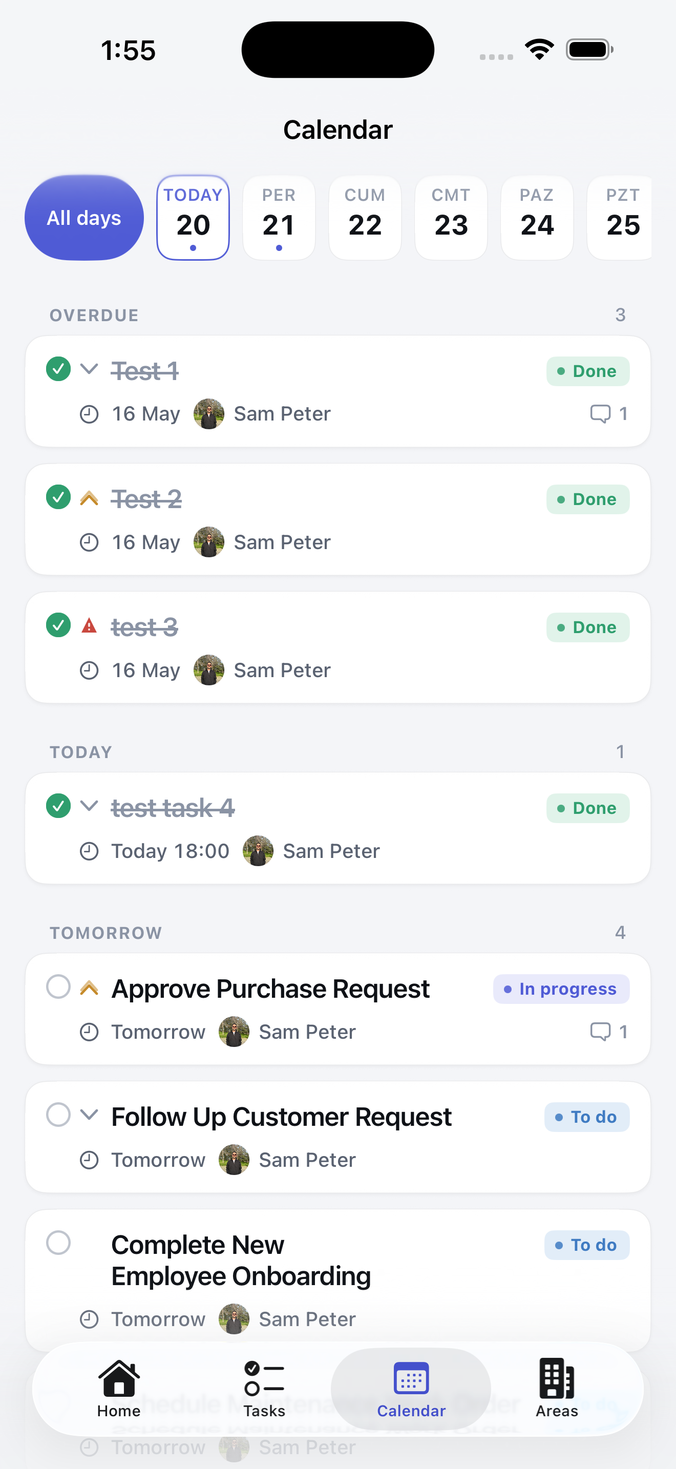 ComFlow calendar screen showing scheduled tasks, overdue work, today tasks, and upcoming work.
