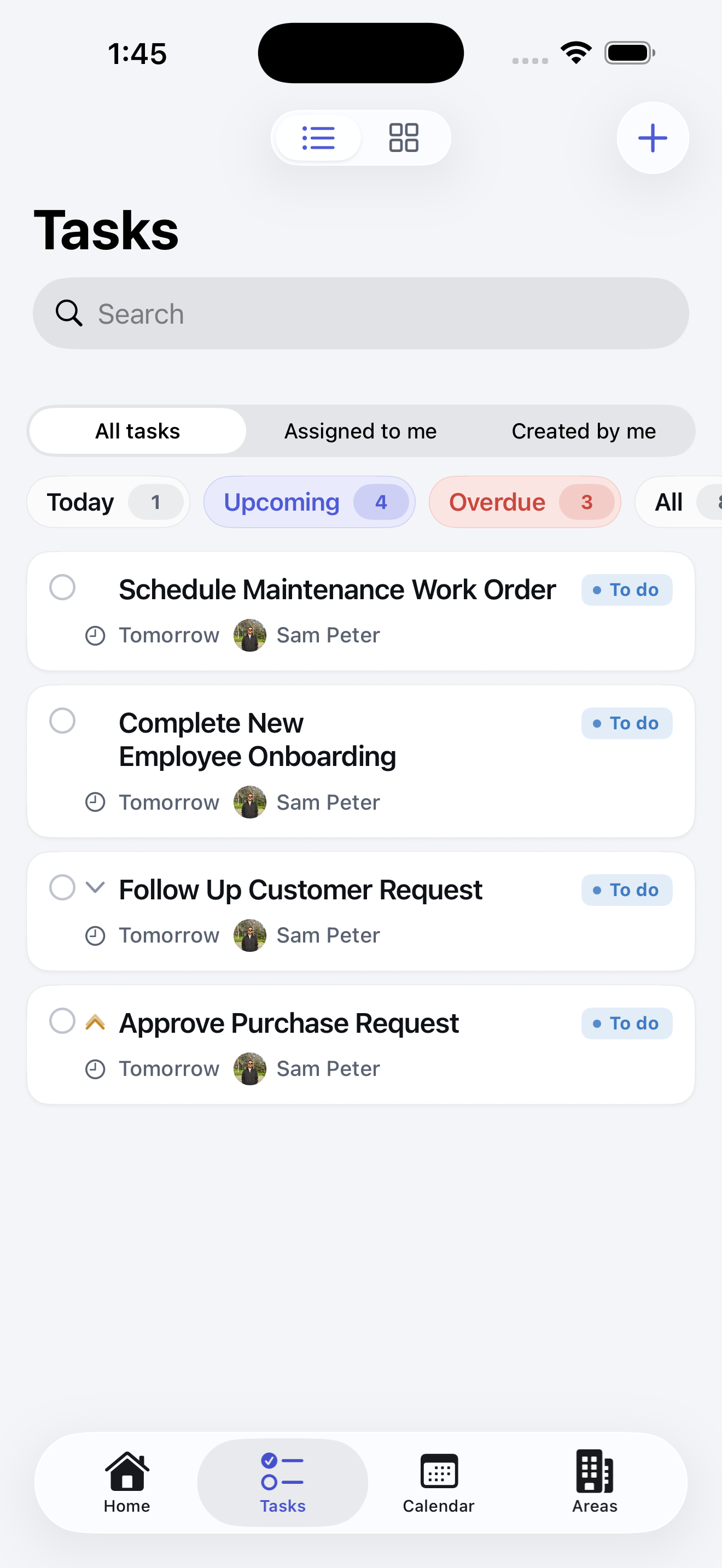 ComFlow task list screen with all tasks, assigned tasks, created tasks, upcoming filters, and overdue filters.