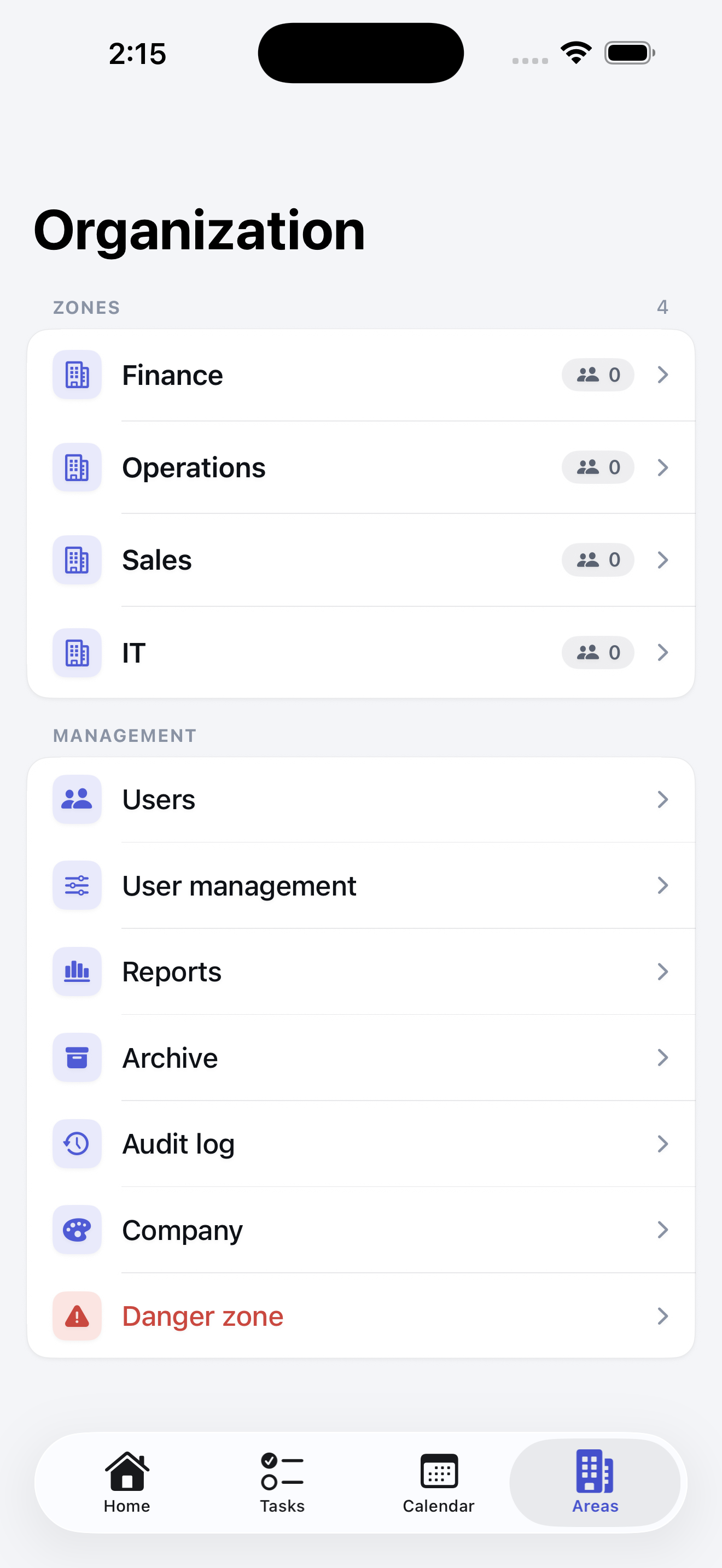 ComFlow organization screen with zones, users, user management, reports, archive, audit log, and company settings.